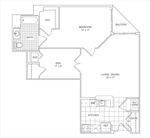Floor plan for 1 bed, 1 bath, 830 sqft
